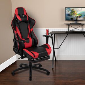 you have a headrest pillow and lumbar pillow that are adjustable and can be removed by unsnapping while the adjustable pivot arms offer pressure relief from your upper body. Gamers need ergonomic office chairs that'll keep them comfortable for many hours and this reclining gaming chair with adjustable lumbar support will provide optimal support. There's a separate lever to recline the back 87° ~ 145° while the lever underneath the seat controls the seat height and locks the chair in an upright position. You'll enjoy endless hours playing your favorite video games on this ergonomic PC chair. Enjoy a good game after work to release the stresses of the day. Slide the footrest out by pulling the loop then flipping the footrest up. Whether you need to lean back just a little or a lot this adjustable back office chair has your back. Complete your gaming experience with our red gaming ergonomic desk with cup holder and headphone hook or black gaming desk with cup holder