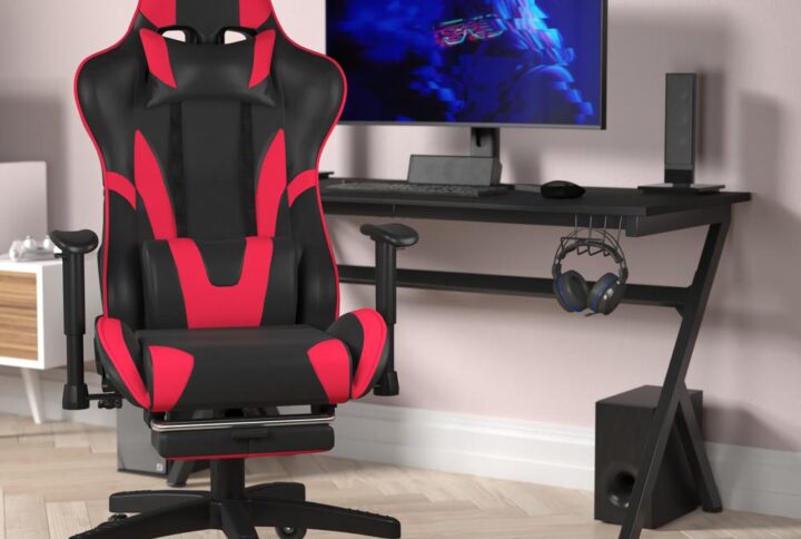Sit back and play a while in this modern racing style game chair designed to give you ultimate comfort. This computer game chair has a reclining back with adjustable and removable lumbar support and headrest pillows as well as pivot arms