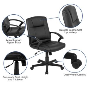 this swivel desk chair fits perfectly under dorm room desks. The mid-back chair is upholstered in LeatherSoft material that blends leather and polyurethane for added softness and durability. The lever controls the seat height and when pulled out allows you to rock and recline. Turn the tilt tension adjustment knob located underneath the seat to increase or decrease the amount of force needed to rock and recline. Group study sessions and daily work assignments flow with ease while working on this computer chair. Providing exceptional value for today's modern office