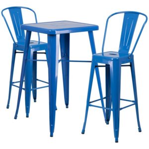 ice cream parlor or sandwich shop with this colorful metal bar table set. Mix it up by adding standard height and bar height table sets in your venue. Carry out the color scheme outdoors on your patio with the weather-resistant powder coated frame. Enjoy longer by protecting the frame from long periods of wet weather. This 3-piece table set includes a square bar height table with a 23.75" top and two stools with full-sized backs. The dining stools feature curved backs with a vertical slat and a cross brace under the seat for added support and stability. A drain hole in the center of the seat allows water to drain