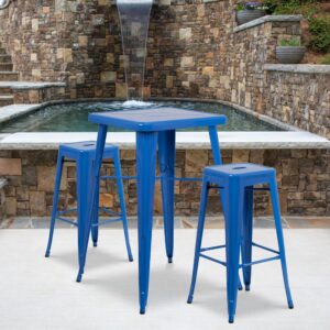 Bring a trendy look to your home with this three-piece bar table set. The set includes a square table with 23.75-inch top and rounded corners and two backless barstools