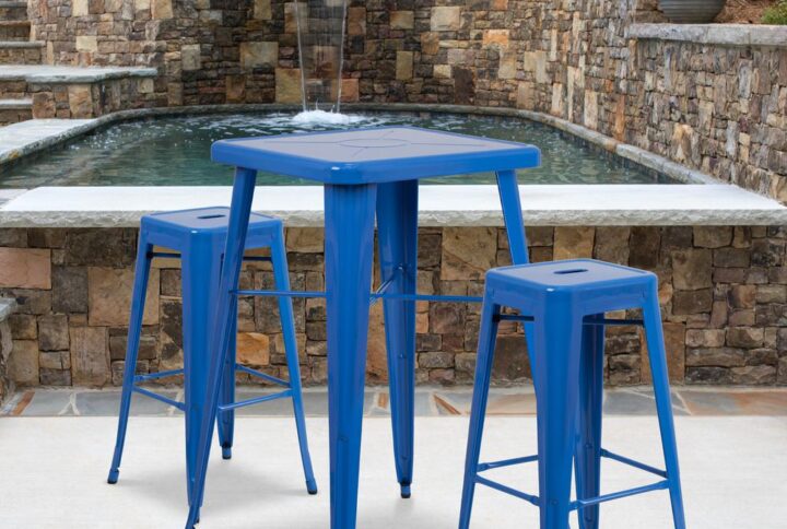 Bring a trendy look to your home with this three-piece bar table set. The set includes a square table with 23.75-inch top and rounded corners and two backless barstools