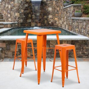 The trendy square indoor-outdoor metal dining table with two square backless barstools will give your dining room or bar decor a cool retro-vintage feel. The table top measures 23.75 inches square and has a 2-inch lip with rounded corners. Cross braces add increased stability while still allowing ample leg room. Galvanized steel construction and a smooth