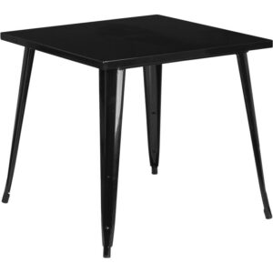 energetic dining space with this colorful industrial style black metal table. This lively table will add a retro-modern look to your home or business. Pair this table with like colored metal chairs for a uniform look or mix things up by adding different colored chairs. A thick brace underneath the top adds extra stability. The legs have protective rubber floor glides that prevent damage to flooring. This all-weather table is great for indoor and outdoor settings. For longevity