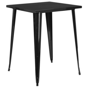 energetic dining space with this colorful industrial style bar height black metal table. This lively table will add a retro-modern look to your home or business. Pair this table with like colored metal chairs for a uniform look or mix things up by adding different colored chairs. A thick brace underneath the top adds extra stability. The legs have protective rubber floor glides that prevent damage to flooring. This all-weather table is great for indoor and outdoor settings. For longevity