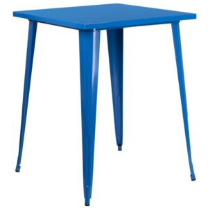 energetic dining space with this colorful industrial style bar height blue metal table. This lively table will add a retro-modern look to your home or business. Pair this table with like colored metal chairs for a uniform look or mix things up by adding different colored chairs. A thick brace underneath the top adds extra stability. The legs have protective rubber floor glides that prevent damage to flooring. This all-weather table is great for indoor and outdoor settings. For longevity
