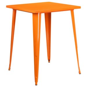 energetic dining space with this colorful industrial style bar height orange metal table. This lively table will add a retro-modern look to your home or business. Pair this table with like colored metal chairs for a uniform look or mix things up by adding different colored chairs. A thick brace underneath the top adds extra stability. The legs have protective rubber floor glides that prevent damage to flooring. This all-weather table is great for indoor and outdoor settings. For longevity