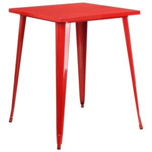 energetic dining space with this colorful industrial style bar height red metal table. This lively table will add a retro-modern look to your home or business. Pair this table with like colored metal chairs for a uniform look or mix things up by adding different colored chairs. A thick brace underneath the top adds extra stability. The legs have protective rubber floor glides that prevent damage to flooring. This all-weather table is great for indoor and outdoor settings. For longevity