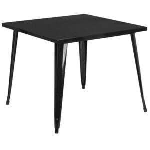 energetic dining space with this colorful industrial style black metal table. This lively table will add a retro-modern look to your home or business. Pair this table with like colored metal chairs for a uniform look or mix things up by adding different colored chairs. A thick brace underneath the top adds extra stability. The legs have protective rubber floor glides that prevent damage to flooring. This all-weather table is great for indoor and outdoor settings. For longevity