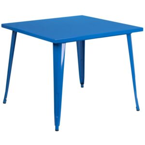 energetic dining space with this colorful industrial style blue metal table. This lively table will add a retro-modern look to your home or business. Pair this table with like colored metal chairs for a uniform look or mix things up by adding different colored chairs. A thick brace underneath the top adds extra stability. The legs have protective rubber floor glides that prevent damage to flooring. This all-weather table is great for indoor and outdoor settings. For longevity