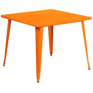 energetic dining space with this colorful industrial style orange metal table. This lively table will add a retro-modern look to your home or business. Pair this table with like colored metal chairs for a uniform look or mix things up by adding different colored chairs. A thick brace underneath the top adds extra stability. The legs have protective rubber floor glides that prevent damage to flooring. This all-weather table is great for indoor and outdoor settings. For longevity