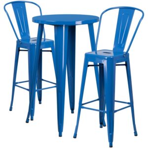 restaurant or patio with this chic bar table and chair set. This colorful set will add a retro-modern look to your home or eatery. Table features a smooth top and protective rubber floor glides. The stylish bistro style barstools features a curved