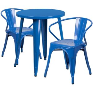 restaurant or patio with this chic table and chair set. This colorful set will add a retro-modern look to your home or eatery. Table features a smooth top and protective rubber floor glides. The stackable bistro chair features plastic caps that prevent the finish from scratching while being stacked. This 3 piece table set is designed for indoor and outdoor settings. For longevity