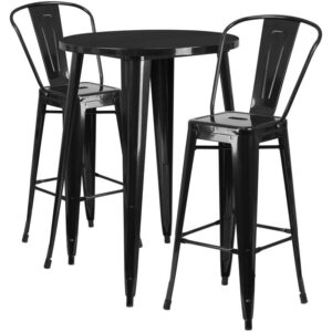 restaurant or patio with this chic bar table and chair set. This colorful set will add a retro-modern look to your home or eatery. Table features a smooth top and protective rubber floor glides. The stylish bistro style barstools features a curved