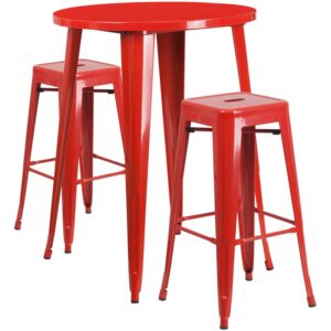 restaurant or patio with this chic bar table and chair set. This colorful set will add a retro-modern look to your home or eatery. Table features a smooth top and protective rubber floor glides. The stackable barstools feature plastic caps that prevent the finish from scratching while being stacked. This 3 piece table set is designed for indoor and outdoor settings. For longevity