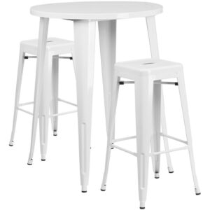 restaurant or patio with this chic bar table and chair set. This colorful set will add a retro-modern look to your home or eatery. Table features a smooth top and protective rubber floor glides. The stackable barstools feature plastic caps that prevent the finish from scratching while being stacked. This 3 piece table set is designed for indoor and outdoor settings. For longevity