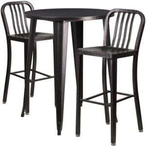restaurant or patio with this chic bar table and chair set. This colorful set will add a retro-modern look to your home or eatery. Table features a smooth top and protective rubber floor glides. The industrial style barstool features an attractive vertical slat back. This 3 piece table set is designed for indoor and outdoor settings. For longevity