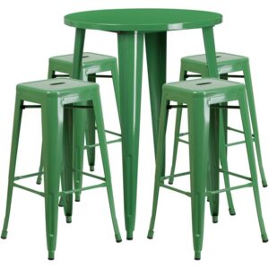restaurant or patio with this chic bar table and chair set. This colorful set will add a retro-modern look to your home or eatery. Table features a smooth top and protective rubber floor glides. The stackable barstools feature plastic caps that prevent the finish from scratching while being stacked. This 5 piece table set is designed for indoor and outdoor settings. For longevity