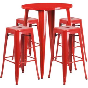restaurant or patio with this chic bar table and chair set. This colorful set will add a retro-modern look to your home or eatery. Table features a smooth top and protective rubber floor glides. The stackable barstools feature plastic caps that prevent the finish from scratching while being stacked. This 5 piece table set is designed for indoor and outdoor settings. For longevity