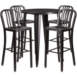 restaurant or patio with this chic bar table and chair set. This colorful set will add a retro-modern look to your home or eatery. Table features a smooth top and protective rubber floor glides. The industrial style barstool features an attractive vertical slat back. This 5 piece table set is designed for indoor and outdoor settings. For longevity