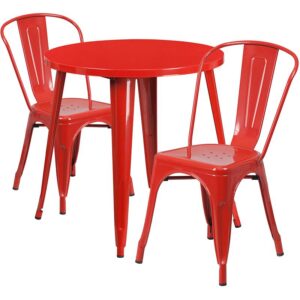 restaurant or patio with this chic table and chair set. This colorful set will add a retro-modern look to your home or eatery. Table features a smooth top and protective rubber floor glides. The stackable bistro chair features plastic caps that prevent the finish from scratching while being stacked. This 3 piece table set is designed for indoor and outdoor settings. For longevity