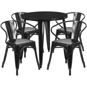restaurant or patio with this chic table and chair set. This colorful set will add a retro-modern look to your home or eatery. Table features a smooth top and protective rubber floor glides. The stackable bistro chair features plastic caps that prevent the finish from scratching while being stacked. This 5 piece table set is designed for indoor and outdoor settings. For longevity