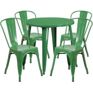 restaurant or patio with this chic table and chair set. This colorful set will add a retro-modern look to your home or eatery. Table features a smooth top and protective rubber floor glides. The stackable bistro chair features plastic caps that prevent the finish from scratching while being stacked. This 5 piece table set is designed for indoor and outdoor settings. For longevity