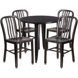 restaurant or patio with this chic table and chair set. This colorful set will add a retro-modern look to your home or eatery. Table features a smooth top and protective rubber floor glides. The industrial style chair features an attractive vertical slat back. This 5 piece table set is designed for indoor and outdoor settings. For longevity