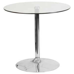 this round glass table can add a timeless elegance to your design. This table can be used for seating placement