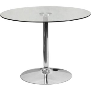 this round glass table can add a timeless elegance to your design. This table can be used for seating placement
