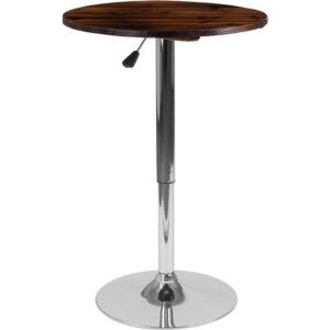 this round adjustable height wood table will be your go to for any occasion. This multifunctional table boasts a swivel top and adjustable height pedestal frame that will make a spectacular statement piece in your venue. The height adjustable frame adapts from standard table height to counter height with the handle located under the top. The table has a narrow design so there is plenty of room for larger tables to be set up. The round