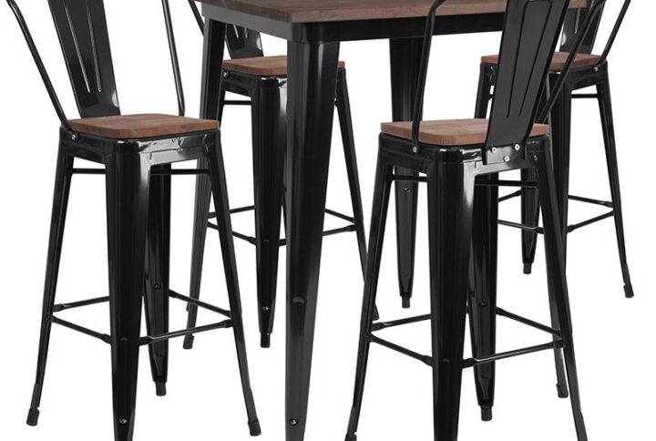 Revamp your space with this metal dining bar table with stools. This set will give your dining room or bar decor a refreshing rustic feel with its wood features. The table has a shiny metal frame that is topped off with an appealing textured wood top. The bistro style stools feature curved backs with a vertical slat and a cross brace under the seat for added support and stability. Rubber floor glides protect your floor by sliding smoothly when moving them. Designed for both commercial and residential use