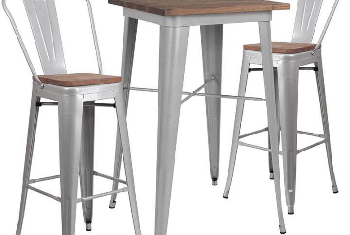 Revamp your space with this metal dining bar table with stools. This set will give your dining room or bar decor a refreshing rustic feel with its wood features. The table has a shiny metal frame that is topped off with an appealing textured wood top. The bistro style stools feature curved backs with a vertical slat and a cross brace under the seat for added support and stability. Rubber floor glides protect your floor by sliding smoothly when moving them. Designed for both commercial and residential use