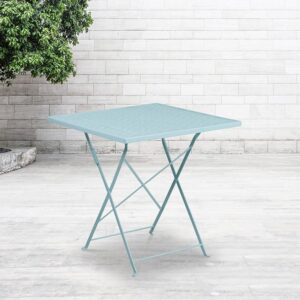 Brighten up your patio space with this beautiful sky blue folding patio table. The rain flower printed top is very appealing. This table will enhance your bistro