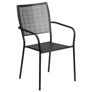 Add color to your patio furniture with this black patio chair. People are moving towards colorful outdoor furniture to furnish their outdoor living spaces and you should too. This stackable patio chair is a rare find that is crafted with transparent rain flower print on the back and seat. The steel framed patio chair is a solid chair that is built to last on the patio of your home and restaurant. During wet weather months
