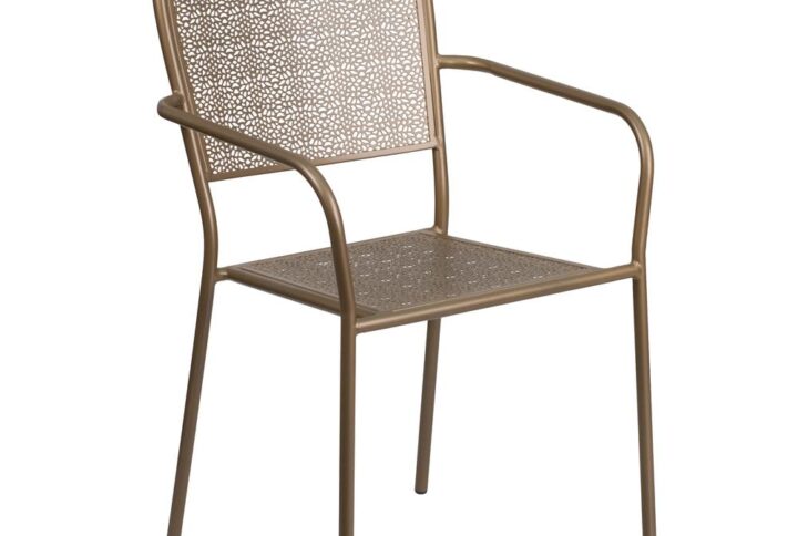 Add color to your patio furniture with this gold patio chair. People are moving towards colorful outdoor furniture to furnish their outdoor living spaces and you should too. This stackable patio chair is a rare find that is crafted with transparent rain flower print on the back and seat. The steel framed patio chair is a solid chair that is built to last on the patio of your home and restaurant. During wet weather months