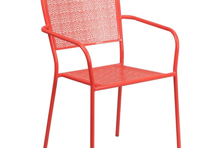 Add color to your patio furniture with this coral patio chair. People are moving towards colorful outdoor furniture to furnish their outdoor living spaces and you should too. This stackable patio chair is a rare find that is crafted with transparent rain flower print on the back and seat. The steel framed patio chair is a solid chair that is built to last on the patio of your home and restaurant. During wet weather months