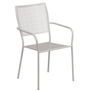Add color to your patio furniture with this light gray patio chair. People are moving towards colorful outdoor furniture to furnish their outdoor living spaces and you should too. This stackable patio chair is a rare find that is crafted with transparent rain flower print on the back and seat. The steel framed patio chair is a solid chair that is built to last on the patio of your home and restaurant. During wet weather months