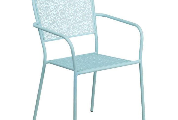 Add color to your patio furniture with this sky blue patio chair. People are moving towards colorful outdoor furniture to furnish their outdoor living spaces and you should too. This stackable patio chair is a rare find that is crafted with transparent rain flower print on the back and seat. The steel framed patio chair is a solid chair that is built to last on the patio of your home and restaurant. During wet weather months