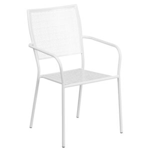 Add color to your patio furniture with this white patio chair. People are moving towards colorful outdoor furniture to furnish their outdoor living spaces and you should too. This stackable patio chair is a rare find that is crafted with transparent rain flower print on the back and seat. The steel framed patio chair is a solid chair that is built to last on the patio of your home and restaurant. During wet weather months