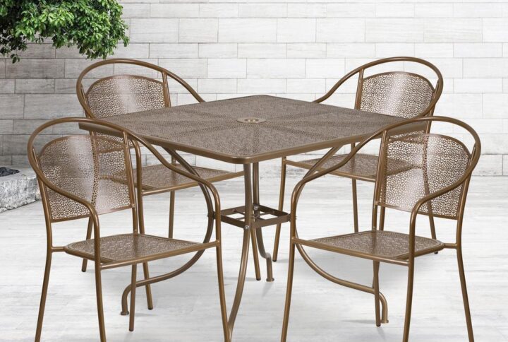 Brighten up your patio space with this beautiful gold rain flower design patio table set. This colorful set will enhance your bistro