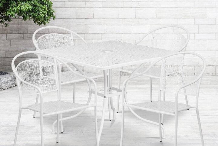 Brighten up your patio space with this beautiful white rain flower design patio table set. This colorful set will enhance your bistro