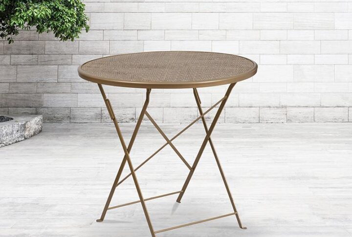 Brighten up your patio space with this beautiful gold folding patio table. The rain flower printed top is very appealing. This table will enhance your bistro