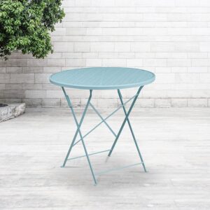 Brighten up your patio space with this beautiful sky blue folding patio table. The rain flower printed top is very appealing. This table will enhance your bistro