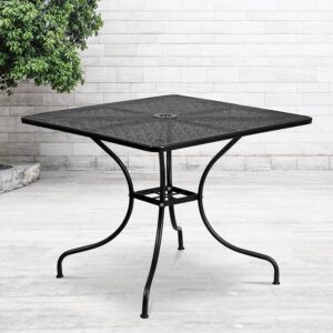 Brighten up your patio space with this beautiful black patio table. The rain flower printed top is very appealing. With the included umbrella hole