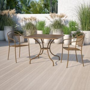 Brighten up your patio space with this beautiful gold patio table. The rain flower printed top is very appealing. With the included umbrella hole