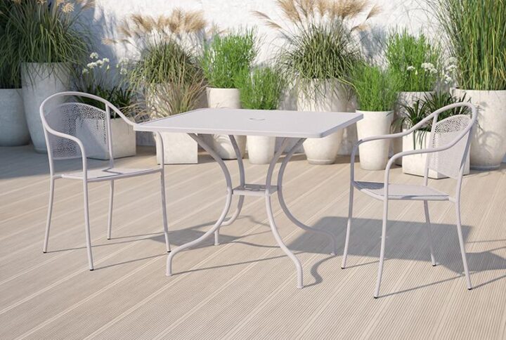 Brighten up your patio space with this beautiful silver patio table. The rain flower printed top is very appealing. With the included umbrella hole