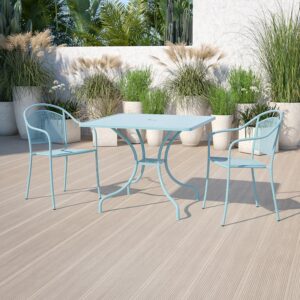 Brighten up your patio space with this beautiful sky blue patio table. The rain flower printed top is very appealing. With the included umbrella hole