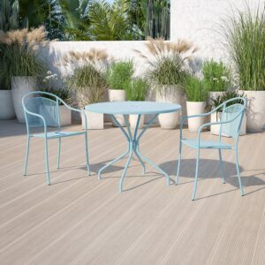 Brighten up your patio space with this beautiful sky blue patio table. The rain flower printed top is very appealing. With the included umbrella hole
