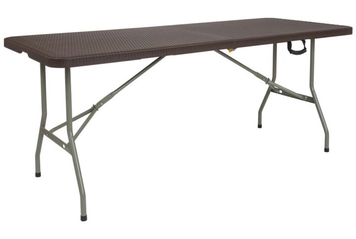 Add some pizzazz to your indoor or outdoor dining setting with this rattan-style folding table. This plastic folding table is a great option when you need a temporary dining surface or an everyday patio setup. The rattan weave top features a decorative straight-lined border